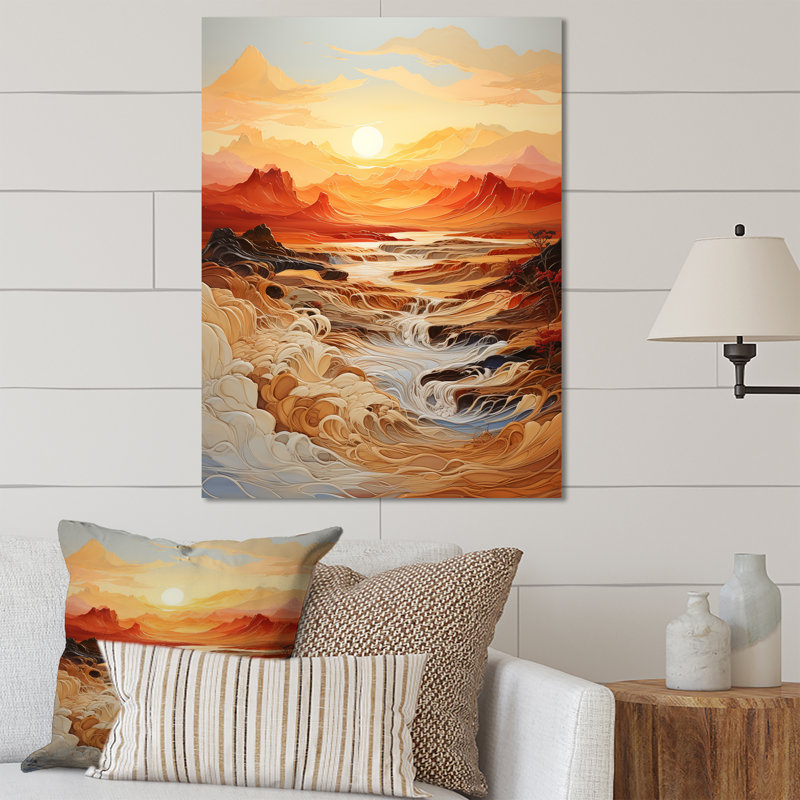 Orange, cascade audacieuse, lever de soleil I - paysage abstrait, H 32 po x l 24 po x P 1 po