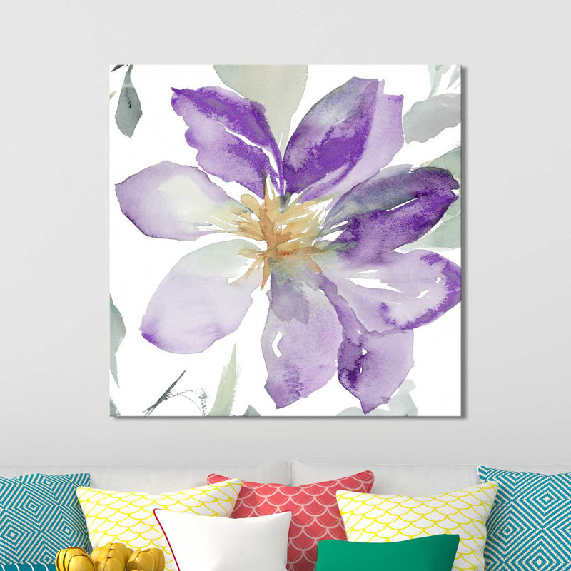 «Clematis in Purple Shades II», reproduction de peinture à l'aquarelle, H 18 po x l 18 po x P 1 po, Toile tendue