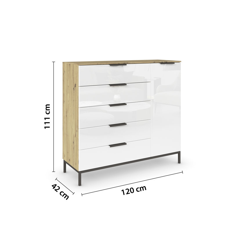Flipp 5 - Drawer Chest of Drawers, Artisan Oak/White Glass/Graphite
