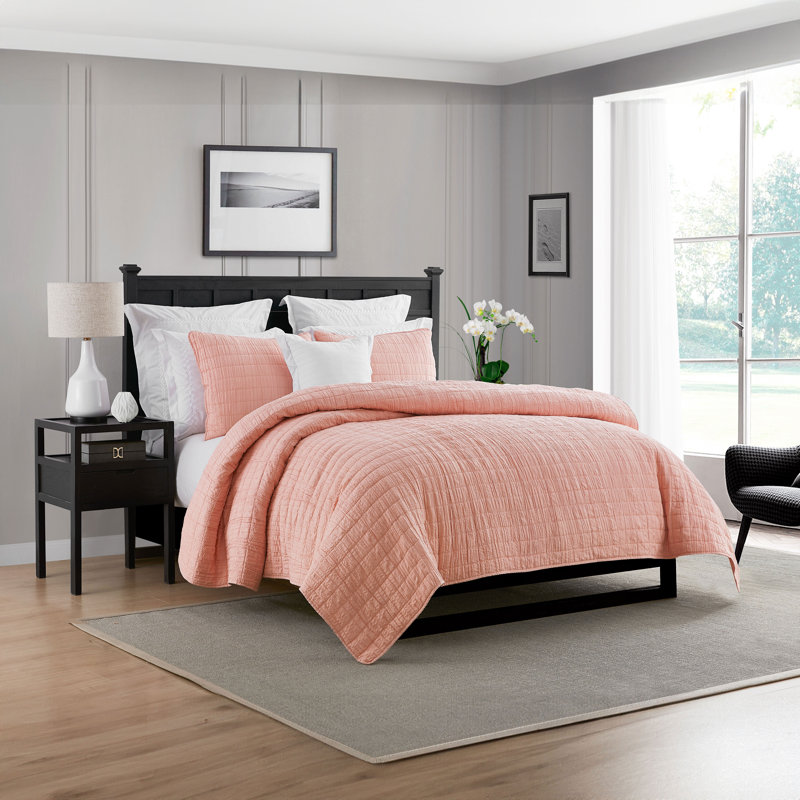 Ultra Soft Crinkle Washed Microfiber 3-Piece Quilt Set, Coral, Full/Queen Quilt + 2 Standard Shams