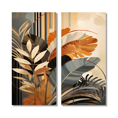 Funky Foliage In Terracotta Tones - Abstract Botanicals, impressions sur toile, art mural abstrait jaune, 2 pièces