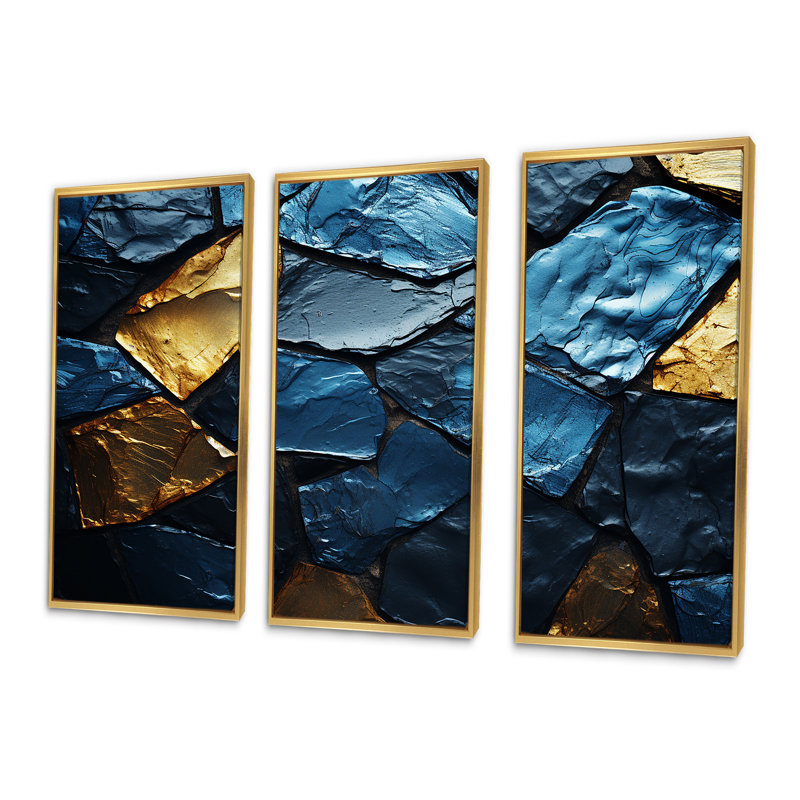 Carreaux de mosaïque en marbre bleu et or - art mural abstrait, Cadre flottant doré, H 28 po x l 36 po x P 1 po