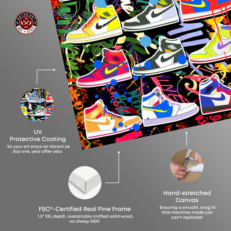"Bold Sneaker Collection", art urbain graffiti sur toile par Notoriart, Toile tendue, H 36 po x l 24 po