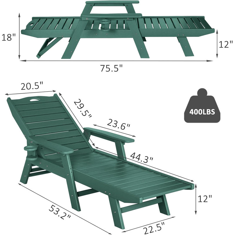 Outdoor Chaise Lounge Hdpe Reclining Chair, Green
