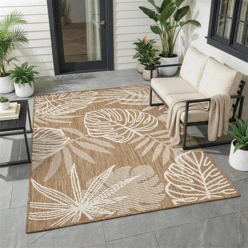 Tropical Leaf UV Resistant Woven Indoor Outdoor Rug Brown/Beige/Ivory, Rectangle 8' x 10', Brown/Beige/Ivory