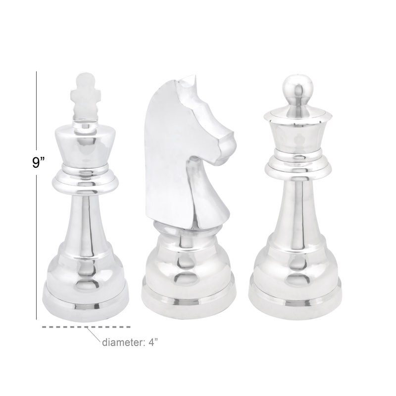 Aluminum Metal Chess Decorative Sculpture with Knight, Queen and King Set, Polished Silver