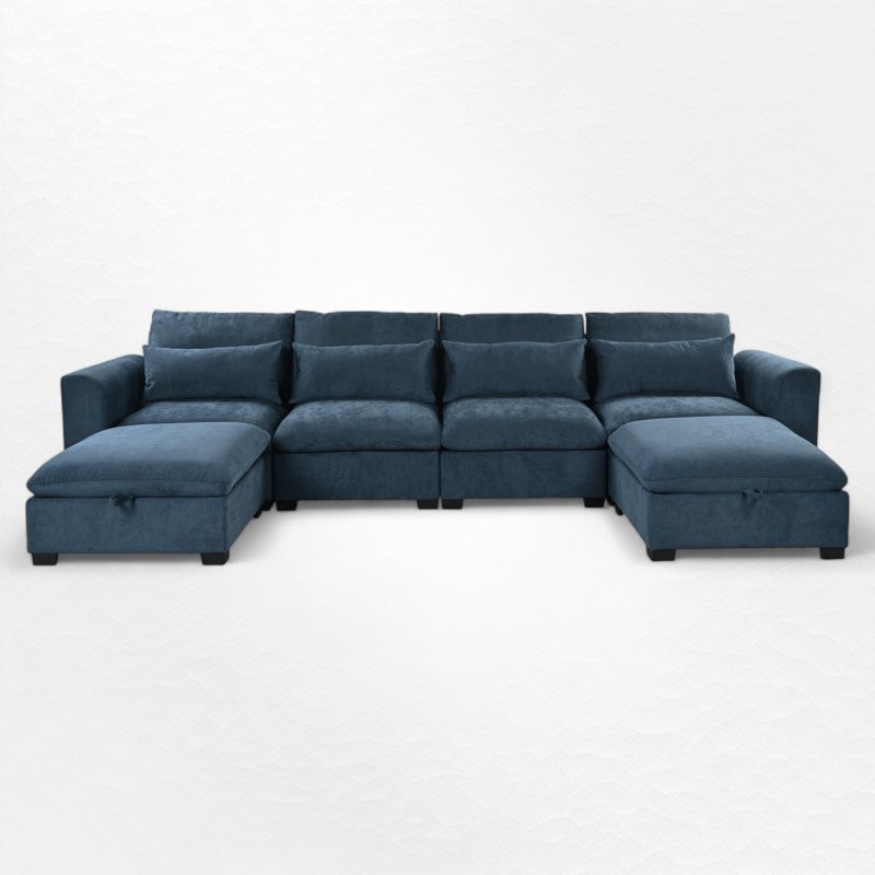 Canapé modulaire 6 pièces rembourré, Mélange de polyester / lin bleu