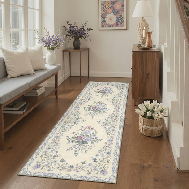 Atascadero Romantic Floral Bordered Rug, Machine Washable, Inspired Faux Wool, Non-Slip Backing, Runner 2'3" x 6'
