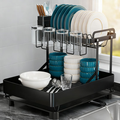 Stainless Steel 2-Tier Dish Drying Rack With Drainboard, Foldable Expandable Dish Drainer With 360° Rotatable Design, Space-Saving Kitchen Counter Organizer