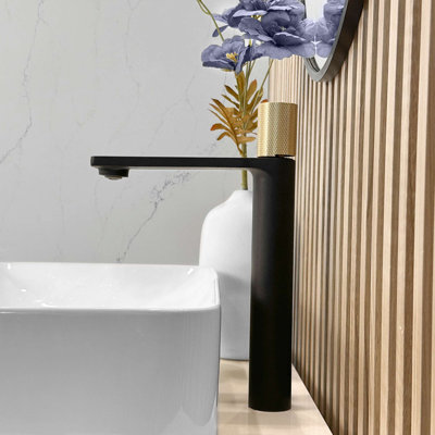 Stylish Single-Handle 11" Matte Black Gold Vessel Bathroom Faucet