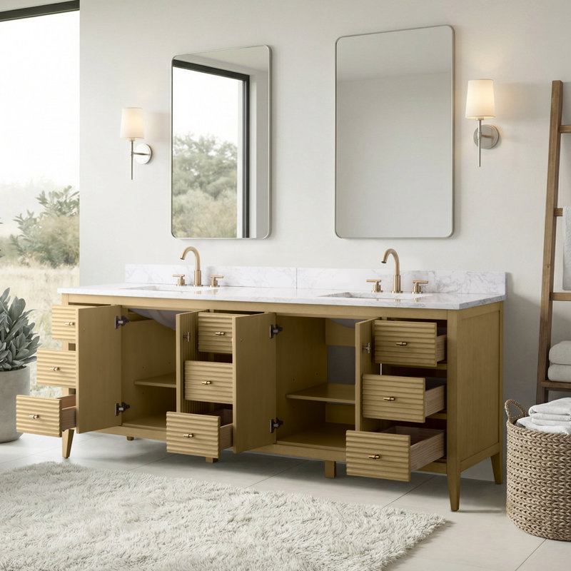 Ensemble de meuble-lavabo autoportant à double cuve 84 po avec plateau en marbre Lavallon, Chêne linéaire linéaire