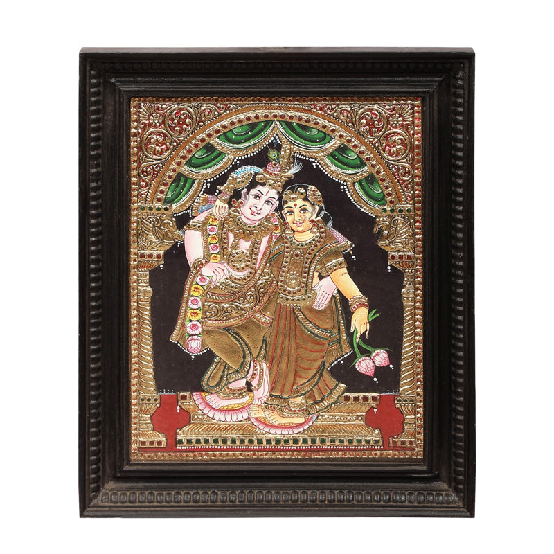 Peinture de Radha Krishna Tanjore | Couleurs traditionnelles avec or 24 carats | Structure en bois de teck | Or et bois