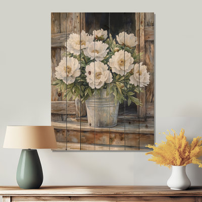 Barnyard Bloom Peonies In Pot III - Peonies Wood Wall Decor - On Natural Pine Wood