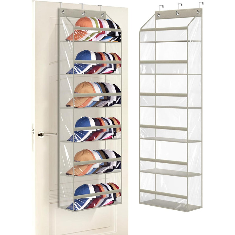 Porte-chapeaux transparents au-dessus de la porte pour casquettes de baseball, grand support pouvant contenir jusqu'à 72 casiers de rangement pour casiers pour mur de placard, poches profondes avec support à chapeau avec 3 crochets