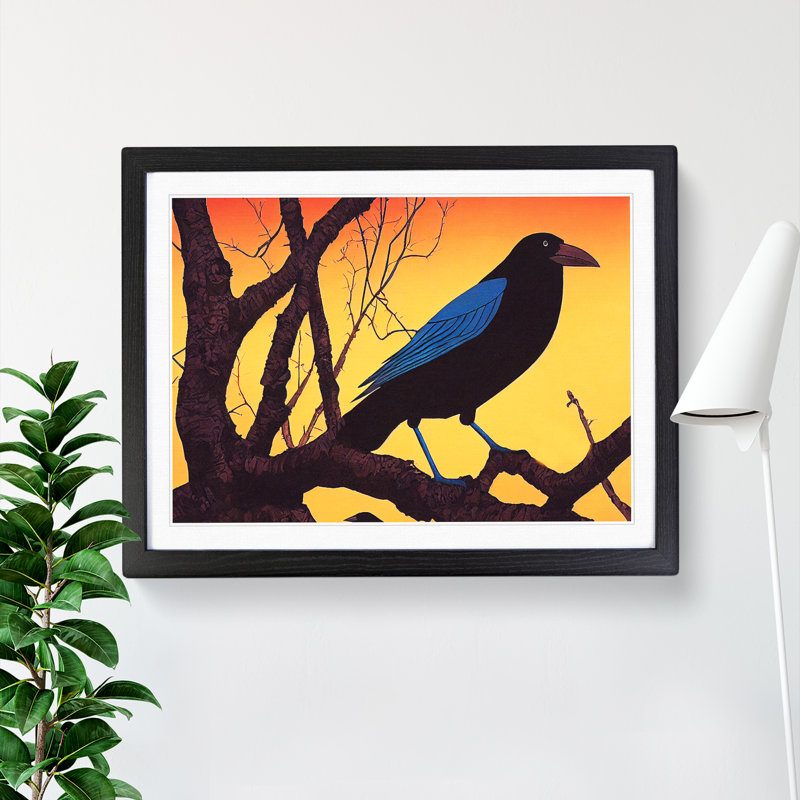 Enthralling Crow Bird - Single Picture Frame Print, 46cm H x 64cm W x 2cm D, Black 