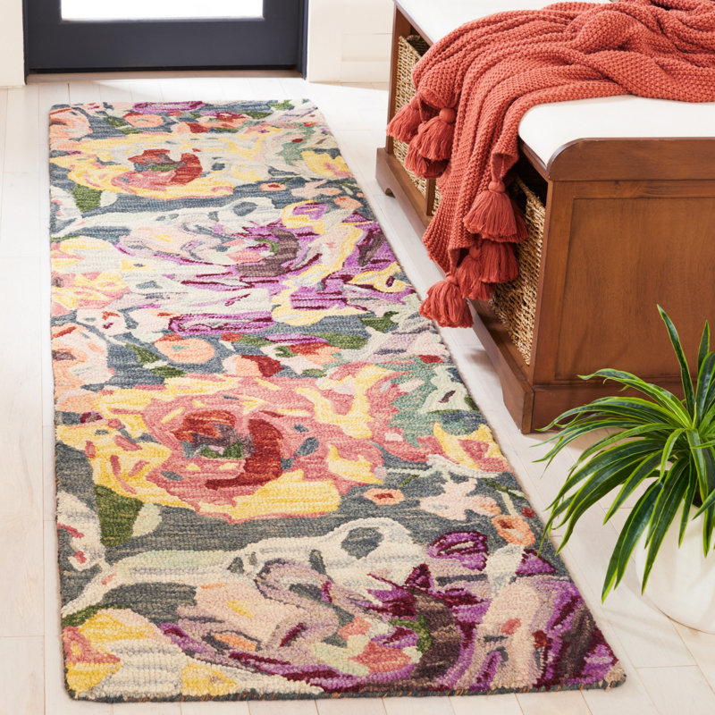 Kathalina Hand Tufted Wool/Cotton Floral Rug in Blue/Purple, Runner 2'3" x 8'