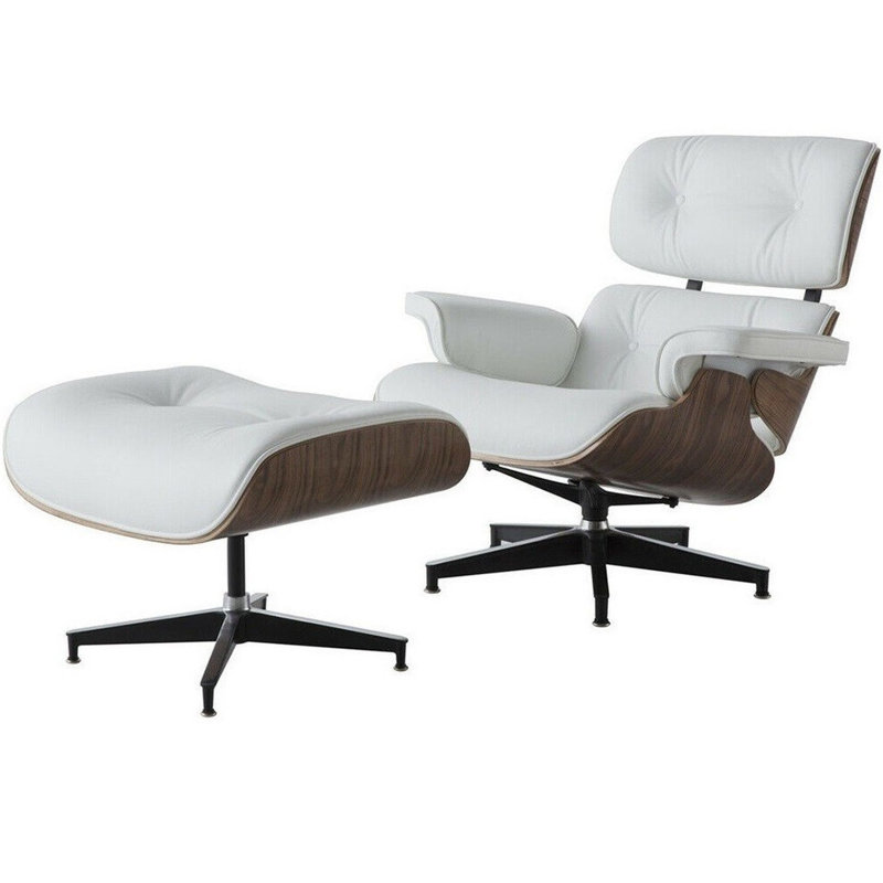 Méridienne et repose-pieds en cuir Grain, Cuir véritable blanc, Brun