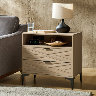 Lindley 28"W Modern 2-Drawer End Table with Charging Port and Open Shelf