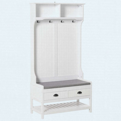 3-in-1 Hall Tree with Padded Storage Bench, Drawers, Shoe Rack & Hooks, White