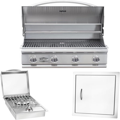 Bullet by Bull Stainless Steel Outdoor Kitchen Grill Set, Built-In Liquid Propane BBQ Island Bundle, Includes 4 Burner Grill, Single Access Door and Side Burner