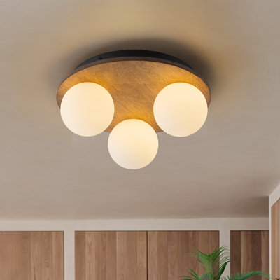 3-Light Glass Goble Wooden Round Flush Mount