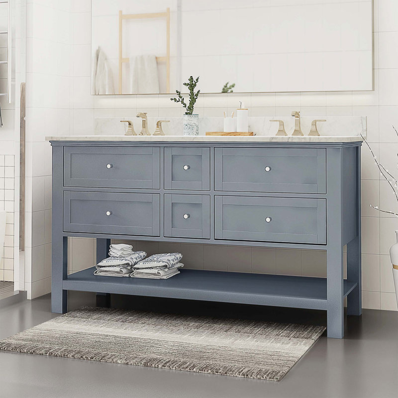 Meuble-lavabo double 61 po avec dessus en marbre Tajmere, Gris