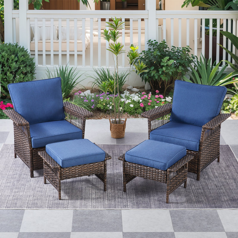 Anferney 4 - Pieces Outdoor Wicker Patio Chair Set with Ottomans and Cushions, Blue