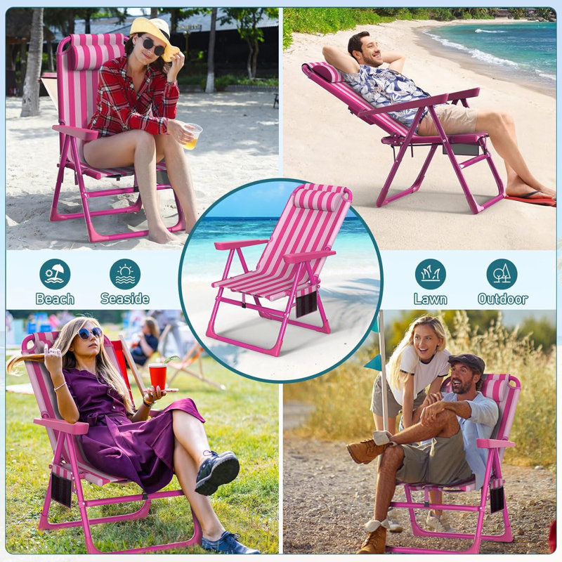 Backpack Beach Chair, 6-Positions Reclining Folding Beach Chair with Cooler Bag and Cup Holder, Pink Striped, 2