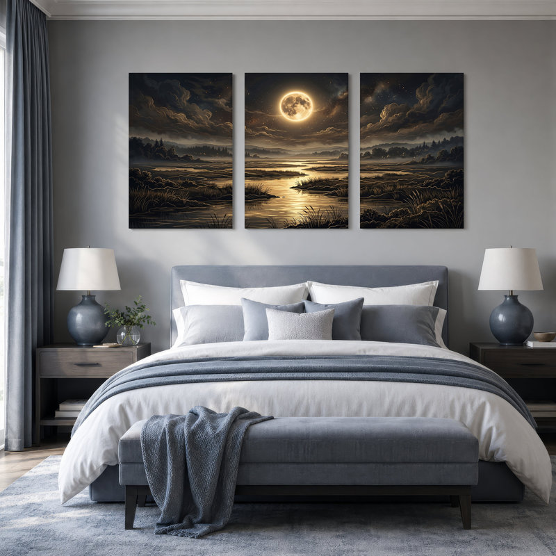 Art mural sur toile Moonlit Wetlands with Golden Reflections, 18"H x 12"W x 3pcs