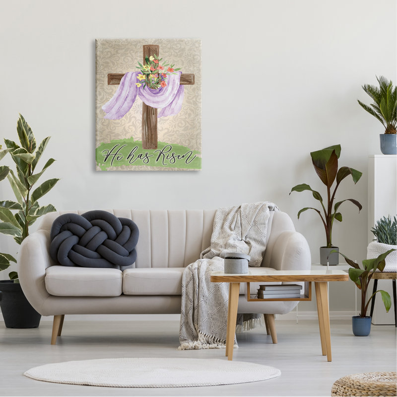 «He Has Risen Spring Floral Cross Brown Damask» par ND Art - impression, Toile tendue, H 40 po x l 30 po x P 1,5 po