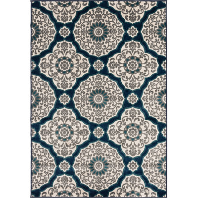 Tapis d'intérieur / extérieur bleu marine / gris à motif floral Hunley