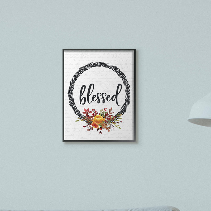 « bénis », art textuel sur couronne fleur automne, H 14 po x l 11 po, Giclée encadrée noir minuit