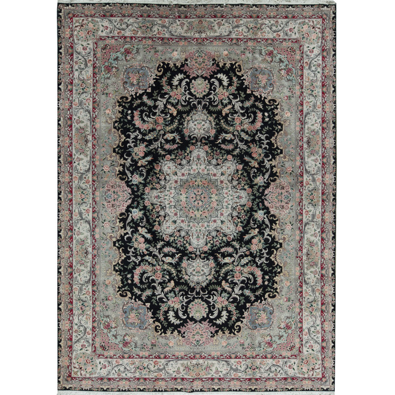 Wool Oriental Area Rug in Black/Light Green/Pink