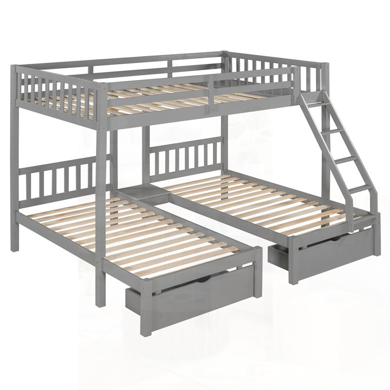 Lit superposé double au-dessus de simple et simple, lit en bois triple avec tiroirs et garde-corps pour un gain de place et de sécurité