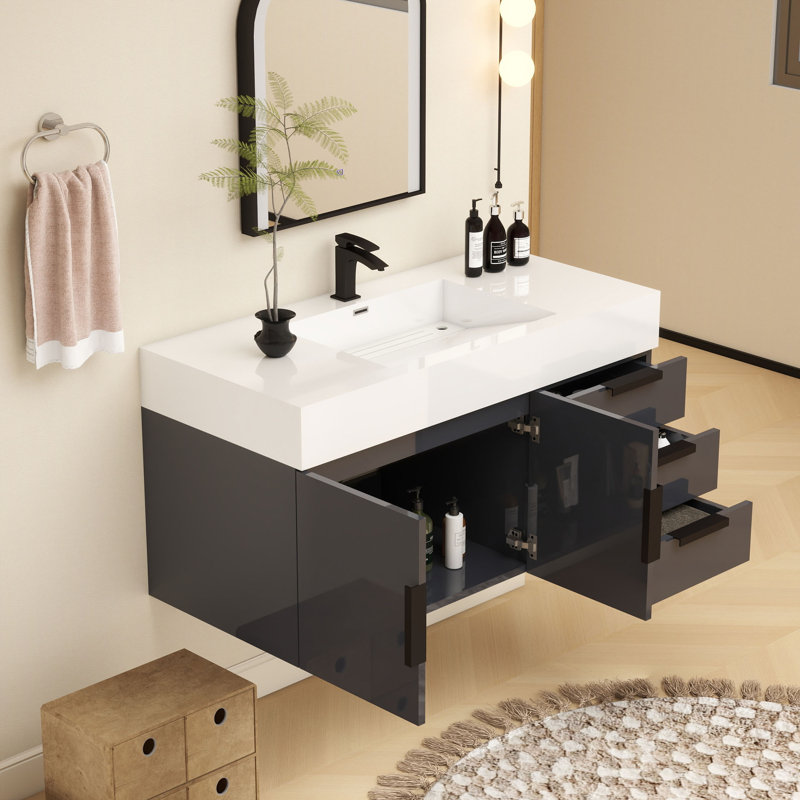 Meuble-lavabo mural simple 42 po, Gris brillant