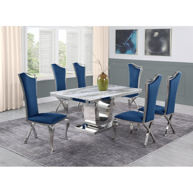 Ensemble de salle à manger Amias, Bleu marine, Blanc / argenté, 7
