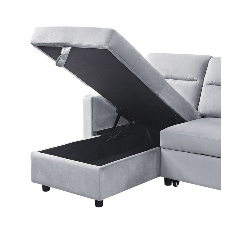 Canapé-lit modulaire réversible en velours gris avec poche latérale et rangement. Sièges rembourrés de mousse, ressorts. 81,5 po x 60 po x 33,5 po, support à ressorts de 179 lb. 81,5 po x 60 po, 33,5 po