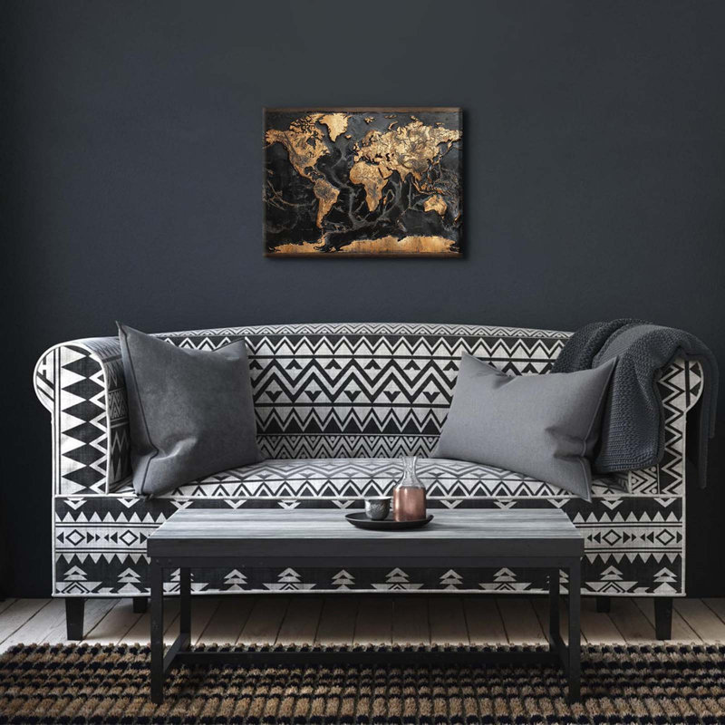 World Map Wall Art For Office Black And Gold Wall Decor Vintage Map Of The World Picture Abstract Global Maps Canvas Prints Retro Nautical Artwork For Living Room Men Bedroom Home Decoration 12X16"