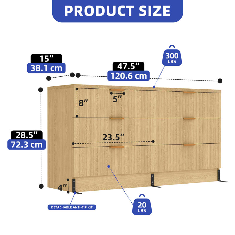 6-Drawer Fluted Dresser, Wide Wood Chest with Versatile Storage Organizer, Natural