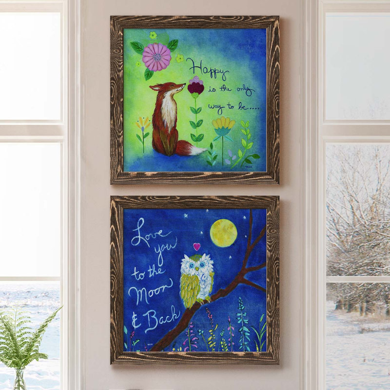 " Happy Fox " 2 - Pieces, 17" H x 34" W x 1.5" D, Maple Framed