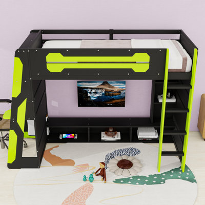 Lit mezzanine en bois avec bureau, tablettes de rangement, station de charge et lumière RVB contrôlée par l'application