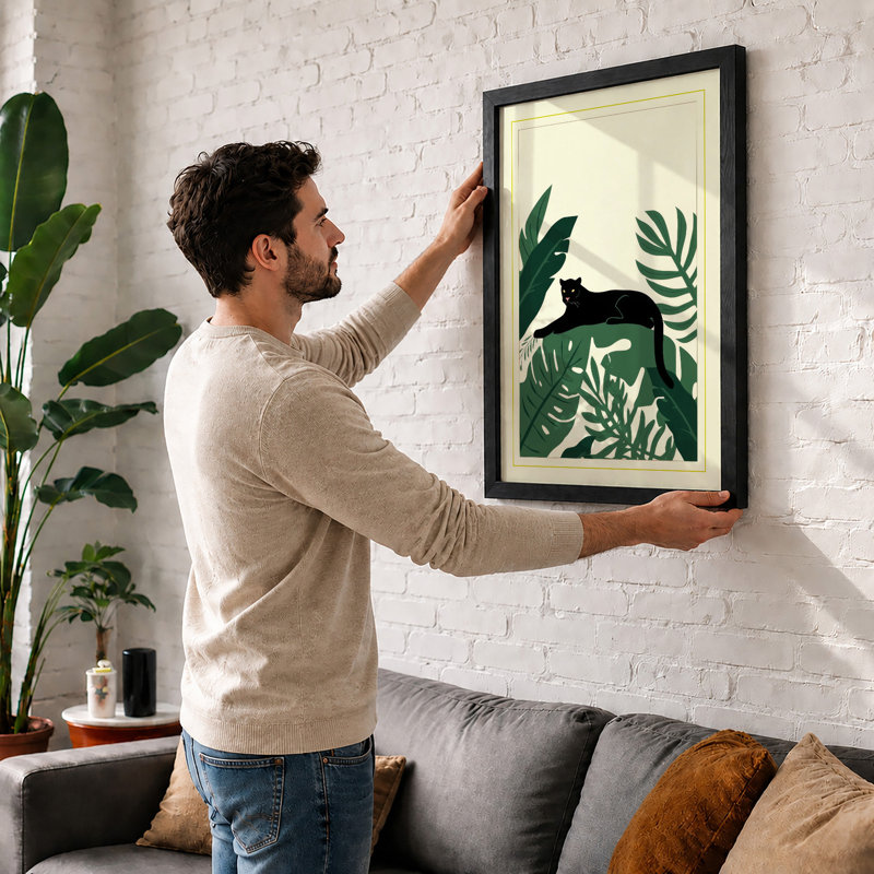 Black Cat in Foliage Japandi - Framed Print, A2 - 59.4 x 42.0 cm, Oak