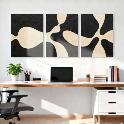 Abstrait, ensemble de 3 reproductions d'art sur toile tendue sur toile organique noire et beige