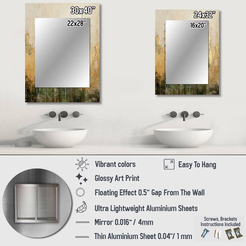 Minimalism Beige And Gold Forest I - Forest Large Wall Mirror, Traditional Unique Mirror, Printed Metal Art, 40" x 30"