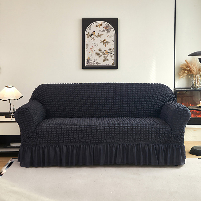 Housse texturée extensible à jupe pour canapé, H 40 po x l 73 po x P 39 po, Tissu noir