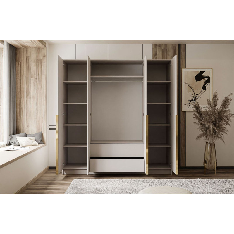 4 Door Manufactured Wood Wardrobe, gold handles