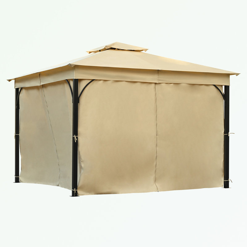 Outdoor Gazebo with Double Roofs and Privacy Screens, Beige, 108" H x 144" W x 120" D
