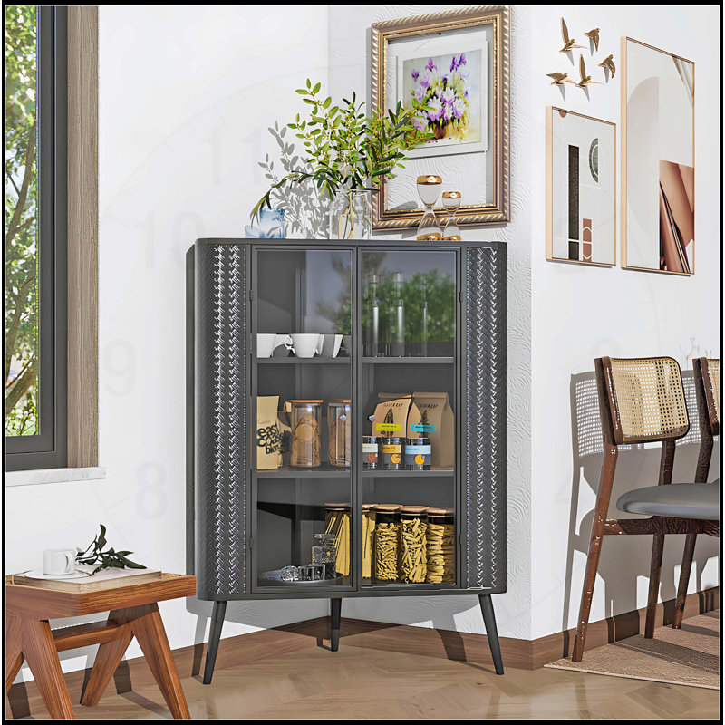 Armoire de rangement moderne à 3 niveaux avec portes en verre trempé et tablettes amovibles