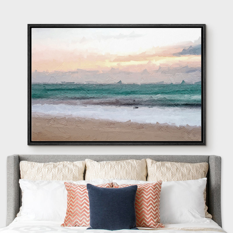 Plage côtière, ciel nuageux, océan bleu sarcelle et mousse sur la plage - peinture sur toile à cadre flottant, Cadre noir