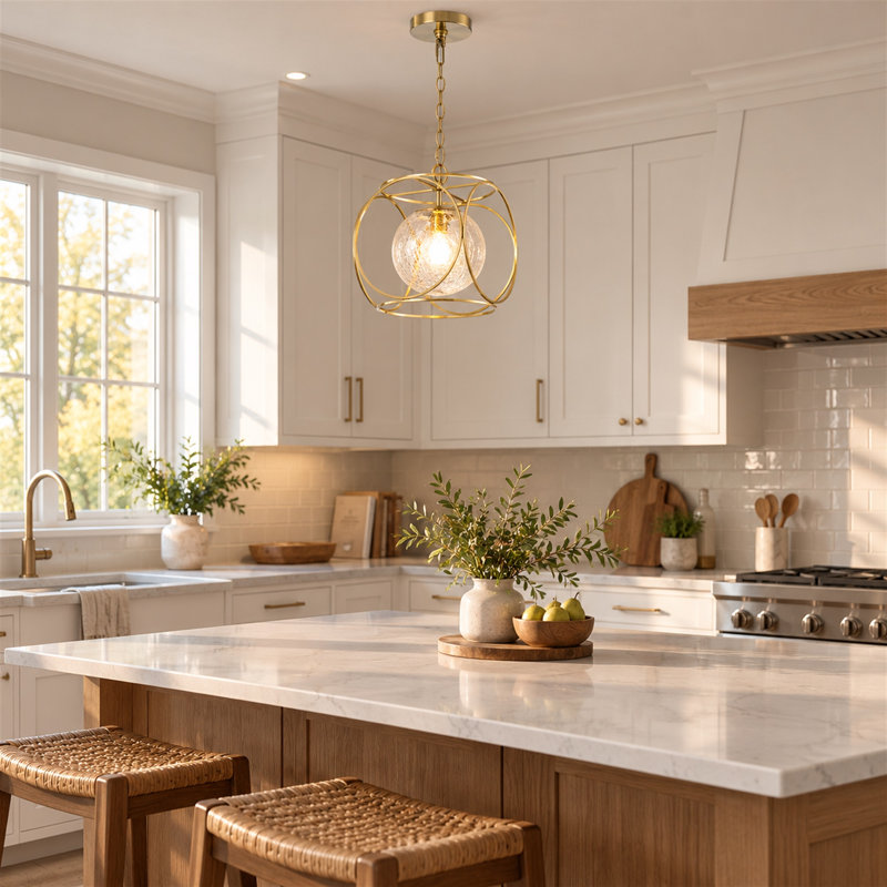 Luminaire suspendu moderne en verre craquelé soufflé à la main - 1 lumière en cuivre réglable de 17 à 98 po, îlot de cuisine moderne